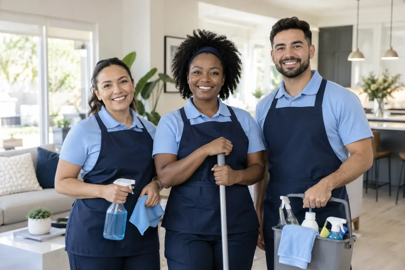 Cleaning team with professional supplies